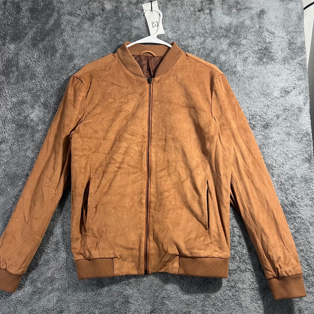 Topman Mens Faux Suede Bomber Jacket Tan Brown Full Zip Size US 40 RN 125149